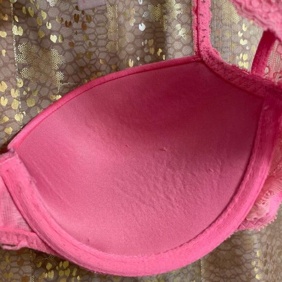 Vintage Y2K PINK Victorias Secret Hot Pink Metallic Cheetah Flirt Push Up Bra 34 - Picture 8 of 9